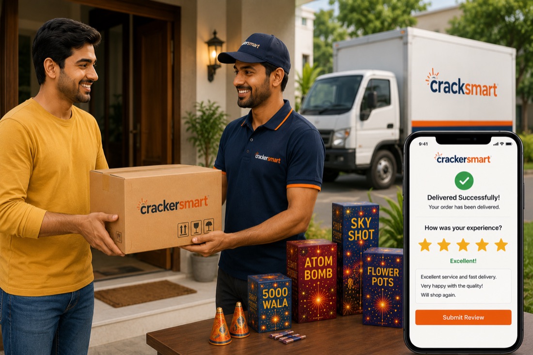 A delivery partner handing a package to a happy customer