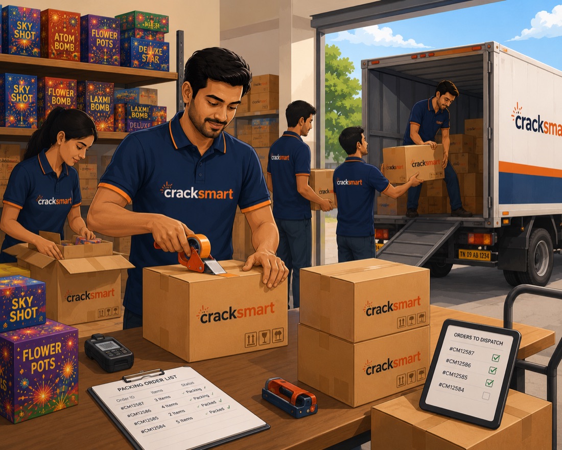 Shop staff packing boxes and loading a delivery van