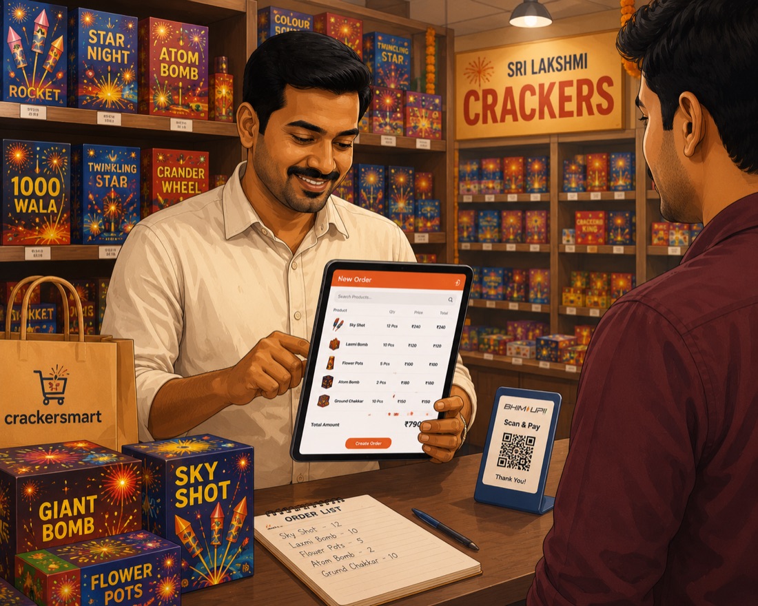 A shop owner taking a customer's order in-store on a tablet